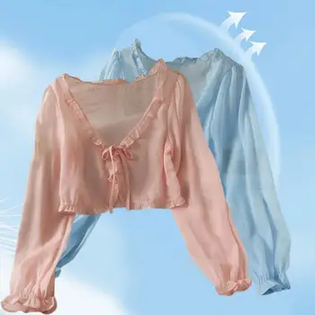 Kadın Bluz Kadın İnce Üst Uzun Kollu Şifon Yay-düğüm Hırka Gömlek Şık Anti Güneş Yay-düğüm Ceket Plaj