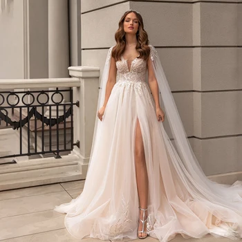 Parlak Kristal Aplike düğün elbisesi Gelin İçin Seksi Sheer Boyun Tren Aç Geri gelin kıyafeti Fermuar Yan Yarık Vestido De Noiva