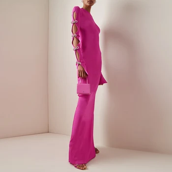 Yeni Moda Seksi Hollow Out Tasarım Uzun Kollu Yay Kristal Elmas Bodycon Pembe Maxi Bandaj Elbise Kadınlar Zarif Lüks Vestidos