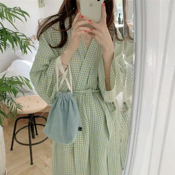 Kadın Ekose Gecelik Pamuklu Pijama Japon Elbise Uzun Kimono Pijama Seti Havlu Elbiseler Kadınlar için Kore modası