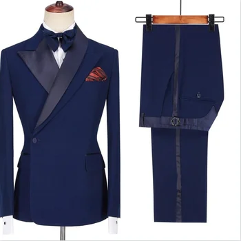 Lacivert Erkek Takım Elbise Seti Düğün Resmi Damat Smokin 2 Adet Blazer + Pantolon Bir Düğme Custom Made Parti Ceket Erkek Ceket