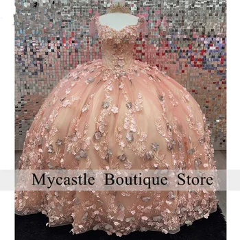 Pembe Quinceanera Elbiseler Balo 2023 3D Çiçek Aplikler Dantel Kapalı Omuz Çiçek Tatlı 16 Elbise doğum günü partisi elbisesi Dantel-up