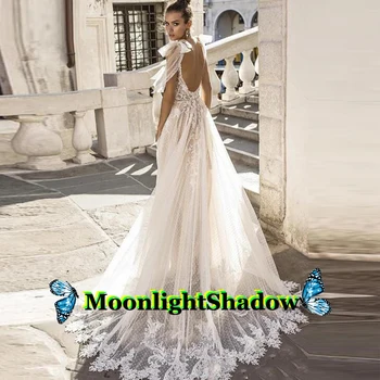 MoonlightShadow Tül Aline Gelinlik Çiçekler Aplikler Spagetti Robe De Mariee Gelinlik Boho Suknia Slubna Custom Made
