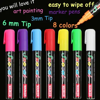 8 renk Fosforlu Sıvı Tebeşir işaretleme kalemleri Okul Sanat Boyama için 8 Renkler Yuvarlak ve Keski Ucu 3mm 6mm ücretsiz kargo