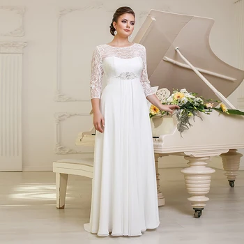Artı Boyutu Şifon Gelin düğün elbisesi Parti İçin Kat Uzunluk 2022 Yaz Dantel Kollu Scoop gelin kıyafeti Bir Çizgi Fermuar Geri