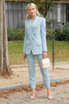 Bahar 2023 Kadın Takım Elbise Seti Blazer + Dokuzuncu Pantolon 2 Adet Özel Yapılmış Resmi Ofis kadın ceketi Açık Gökyüzü Mavi Kruvaze Ceket
