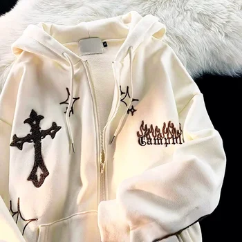 Goth Nakış Hoodies Kadın Sonbahar Harajuku Hip Hop Ceket fermuarlı kapüşonlu kıyafet Y2K Sokak Gevşek Rahat Grunge Kazak Palto