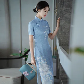 Çince Geleneksel Elbise Cheongsam Qipao Kadın Kızlar Parti Düğün Moda Vintage Retro Çiçek Baskı Saten Kısa Kollu Elbise