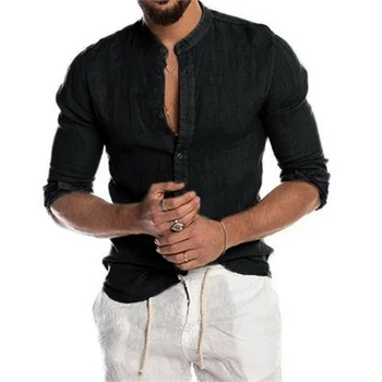2023 Yeni erkek Moda Rahat Düz Renk Gömlek Kazak Düğmesi Keten Pamuk Rahat Günlük Üst Uzun Kollu Gömlek