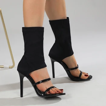 Moda İlkbahar Sonbahar Streç Çizmeler Kadın Sandalet Peep Toe Yüksek Topuk Ayak Bileği Kayışı Pompaları Oymak Kutup dans ayakkabıları 2023