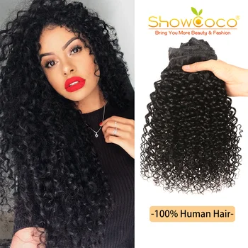 ShowCoco klipsli postiş İnsan Saçı Kıvırcık Makine yapımı Remy Saç Doğal Renk Klip Ins Siyah Kadınlar için 10 inç-24 İnç