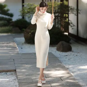 Kış Cheongsam 2022 Yeni Bahar Kalınlaşmış Genç kadın Elbise High-end Mizaç Beyaz Cheongsam çin elbisesi Vestidos