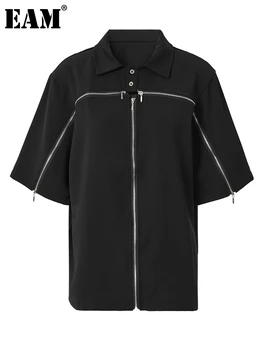 [EEM] Kadınlar Siyah Beyaz Fermuar Büyük Boy Casual Bluz Yeni Yaka Kısa Kollu Gevşek Fit Gömlek Moda İlkbahar Yaz 2023 1DF8548