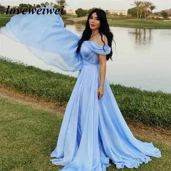 Loveweıweı Prenses Kapalı Omuz Mavi Şifon Uzun Gelinlik Modelleri Kadın Bir Çizgi Bölünmüş Tasarım Örgün Düğün Akşam Parti Kıyafeti