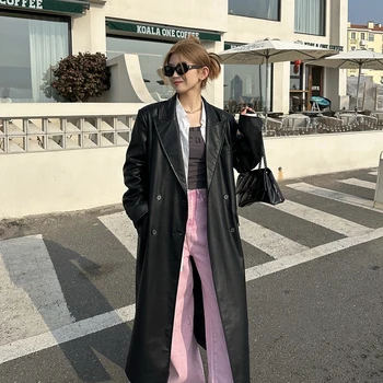 Yeni Siyah PU Deri Uzun Trençkot kadın Kore Tarzı Gevşek Geniş Omuz Uzun Takım Elbise Ceket 2023 Bahar