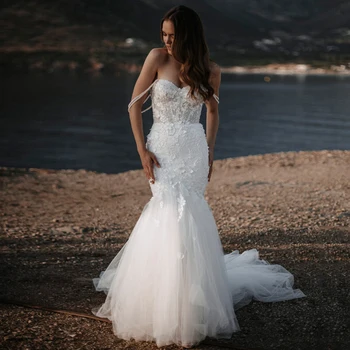 Weilinsha kadın Zarif Mermaid Kapalı Omuz düğün elbisesi Lüks 3D Çiçekler Sevgiliye Backless Tül gelinlikler