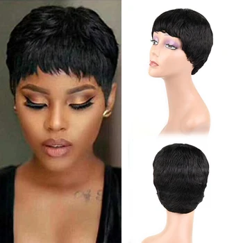 Kısa insan saçı Peruk Peri Kesim Düz Peruk Siyah Kadınlar için Tam Makine Yapımı Doğal Renk Ucuz Tutkalsız brezilyalı saçı peruk