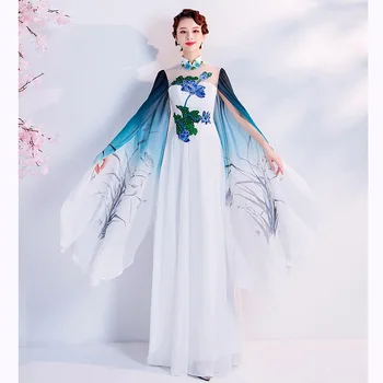 Çiçek Degradeler Cheongsam Saten Akşam Parti Elbise kıyafeti Büyük Boy 3XL Yüzen Kollu Perspektif Qipao Kadın Ince Vestidos
