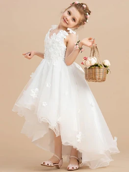 Beyaz Çiçek Kız Elbise Tül Dantel Aplikler Parti V Yaka Jartiyer Balo Zarif İlk Communion Güzellik Yarışması Giyim