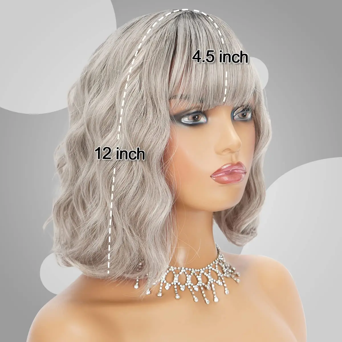 Kısa Dalgalı Bob kahküllü peruk Gri Peruk Doğal Ombre Gümüş Peruk Sentetik Saç Omuz Uzunluğu Kısa Kıvırcık Peruk Kadınlar için - 1