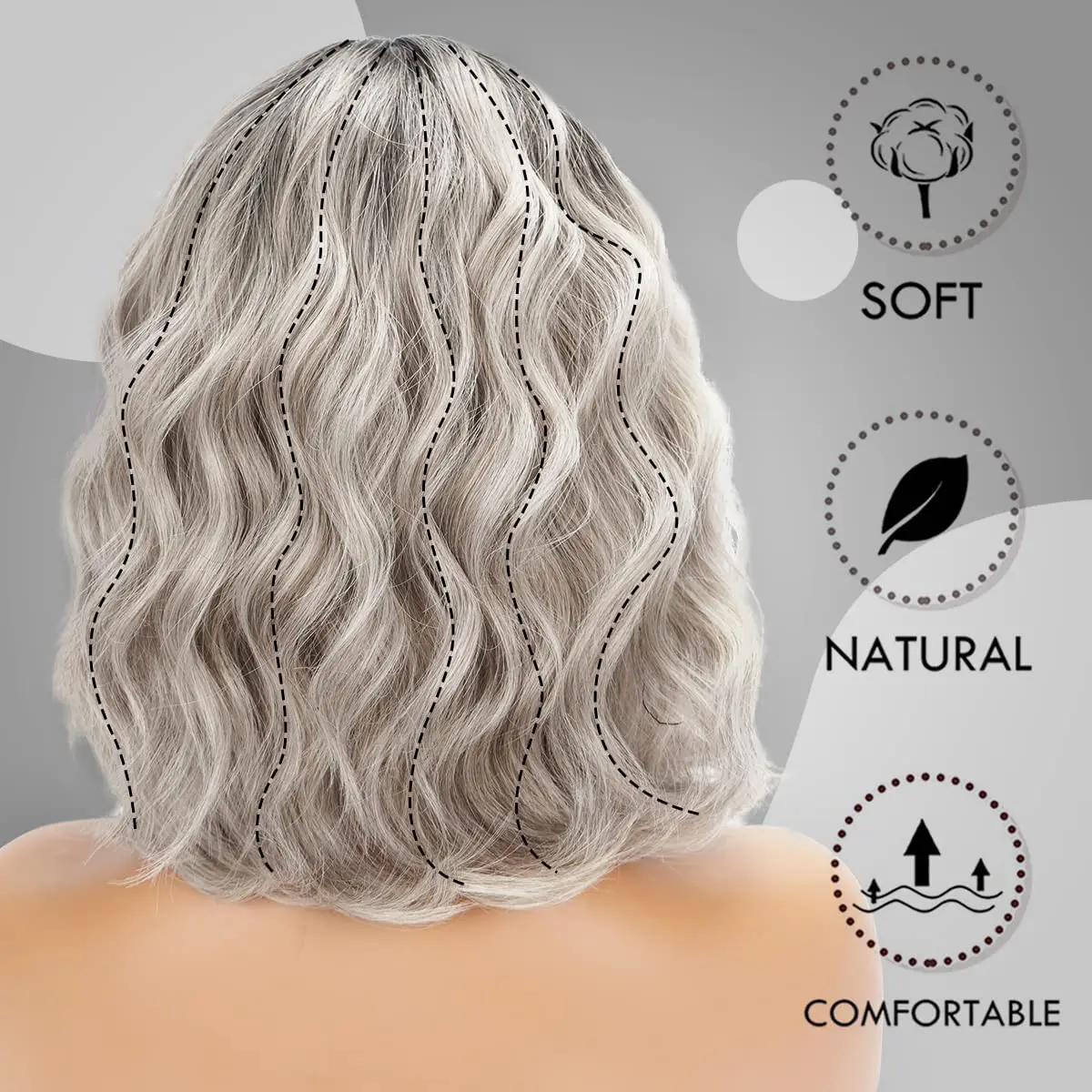 Kısa Dalgalı Bob kahküllü peruk Gri Peruk Doğal Ombre Gümüş Peruk Sentetik Saç Omuz Uzunluğu Kısa Kıvırcık Peruk Kadınlar için - 3