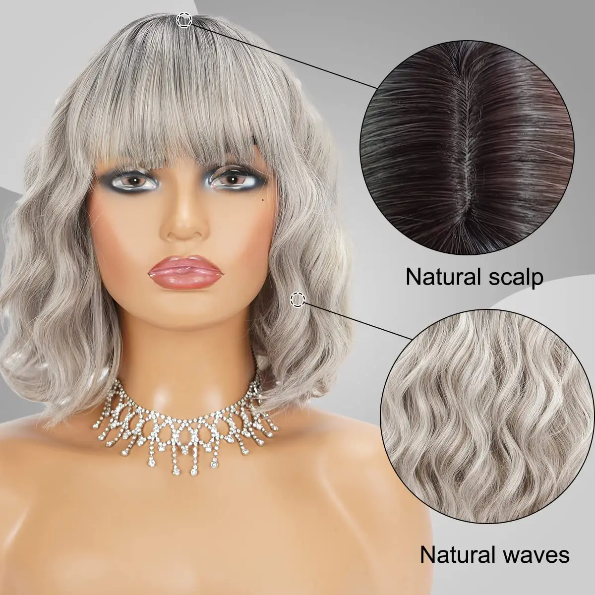 Kısa Dalgalı Bob kahküllü peruk Gri Peruk Doğal Ombre Gümüş Peruk Sentetik Saç Omuz Uzunluğu Kısa Kıvırcık Peruk Kadınlar için - 5