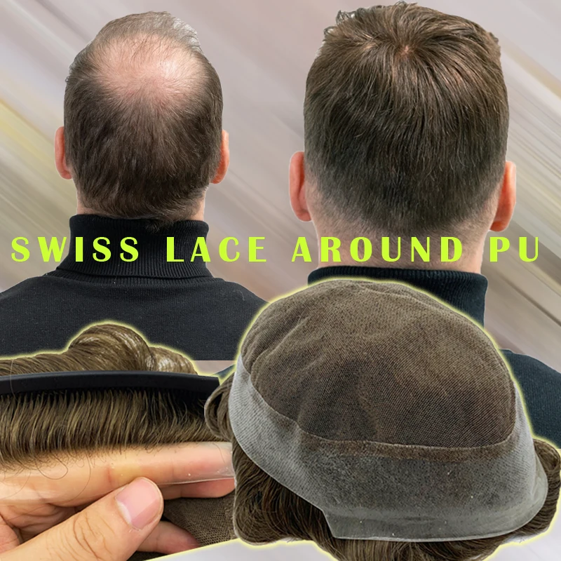 Avustralya Baz Erkekler Peruk İsviçre Dantel PU Silikon Etrafında Postiş insan saçı Değiştirme Sistemi Protez Peruk Erkekler İçin - 0