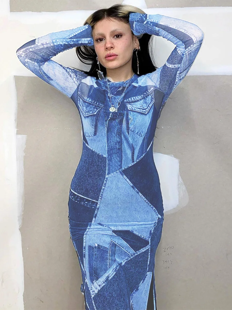 Vintage Baskı Uzun Kollu Yarık Seksi İnce Bodycon Maxi Elbise 2023 Sonbahar Kış Kadın günlük kıyafetler Parti Gece Kulübü Y2K - 3