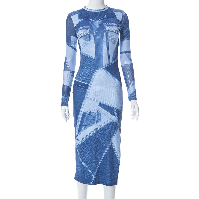 Vintage Baskı Uzun Kollu Yarık Seksi İnce Bodycon Maxi Elbise 2023 Sonbahar Kış Kadın günlük kıyafetler Parti Gece Kulübü Y2K - 4