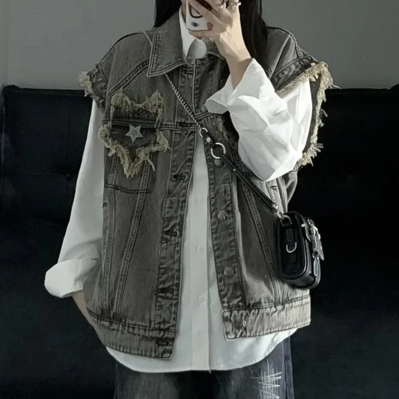 Yeni Vintage Kadınlar kot yelek Hip Hop Streetwear Kolsuz Ceket Yıldız Hırka Kore Moda Ceket Kırpma Üstleri Tasarımcıları Giysileri - 1