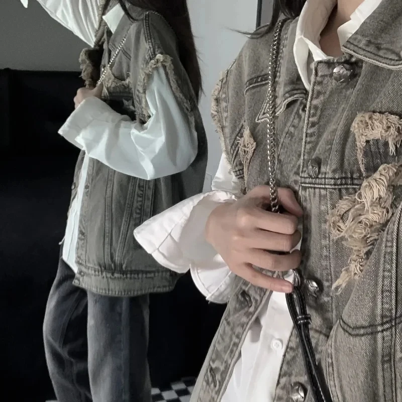 Yeni Vintage Kadınlar kot yelek Hip Hop Streetwear Kolsuz Ceket Yıldız Hırka Kore Moda Ceket Kırpma Üstleri Tasarımcıları Giysileri - 5