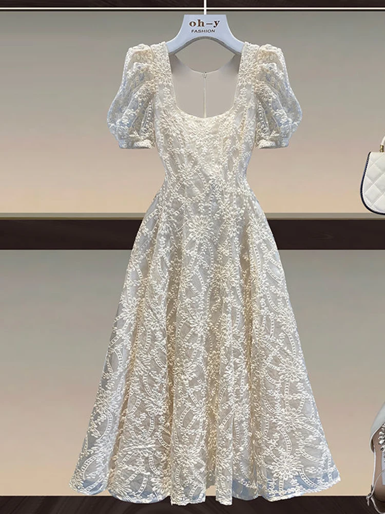 Kadın Kare Boyun Elbise 2023 Yaz Yeni High end Fransız Vintage Organze uzun elbise seksi elbise - 0