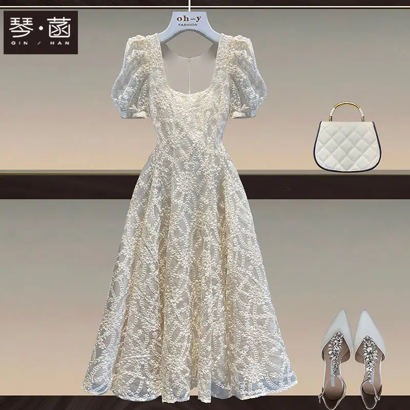 Kadın Kare Boyun Elbise 2023 Yaz Yeni High end Fransız Vintage Organze uzun elbise seksi elbise - 1
