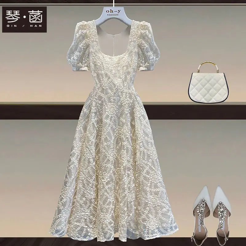 Kadın Kare Boyun Elbise 2023 Yaz Yeni High end Fransız Vintage Organze uzun elbise seksi elbise - 3