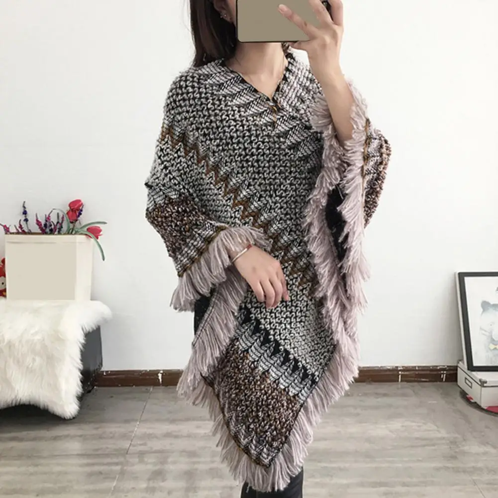 Kadın pelerin Palto Örme Püskül V Boyun Düzensiz Hem Pelerin Ceket Kazak Pançolar Sonbahar Kış - 1
