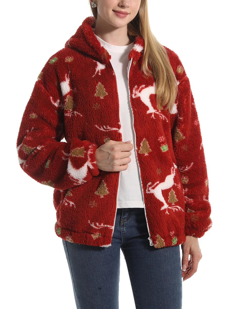Kadın Kış Sıcak Ceket Rahat Sevimli Hoodie Kazak Zip Hırka Dış Giyim için Cepler ile Loungewear - 0