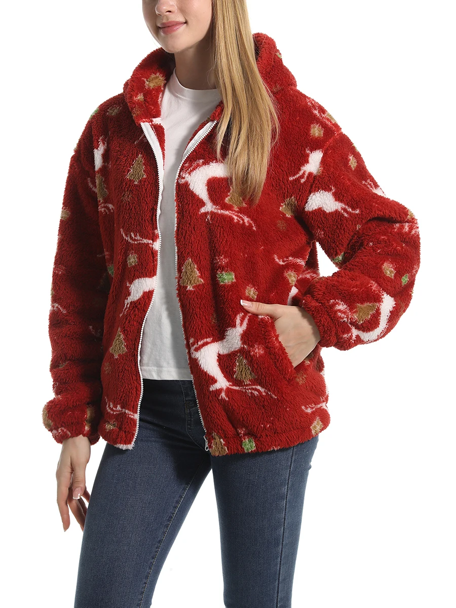 Kadın Kış Sıcak Ceket Rahat Sevimli Hoodie Kazak Zip Hırka Dış Giyim için Cepler ile Loungewear - 1