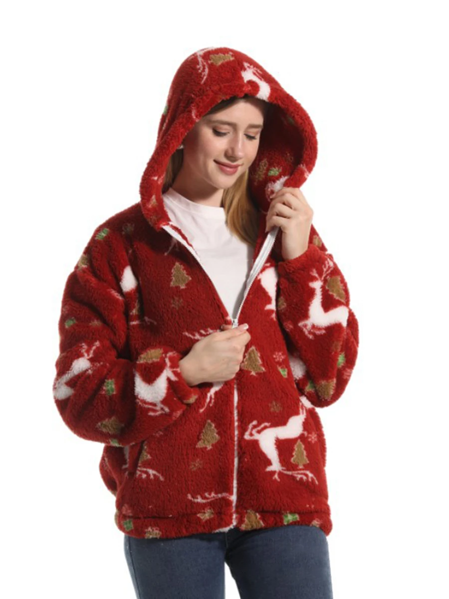 Kadın Kış Sıcak Ceket Rahat Sevimli Hoodie Kazak Zip Hırka Dış Giyim için Cepler ile Loungewear - 2