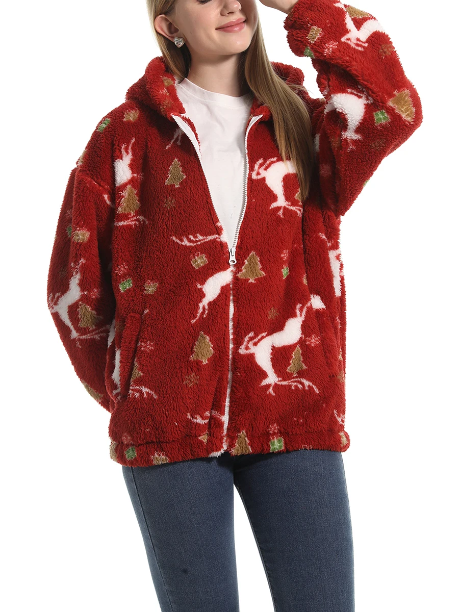 Kadın Kış Sıcak Ceket Rahat Sevimli Hoodie Kazak Zip Hırka Dış Giyim için Cepler ile Loungewear - 3