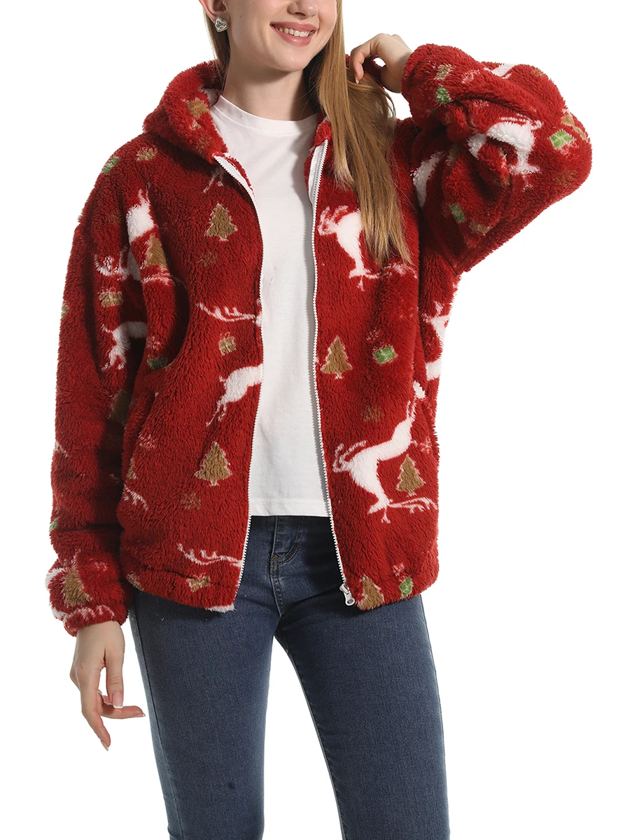 Kadın Kış Sıcak Ceket Rahat Sevimli Hoodie Kazak Zip Hırka Dış Giyim için Cepler ile Loungewear - 4
