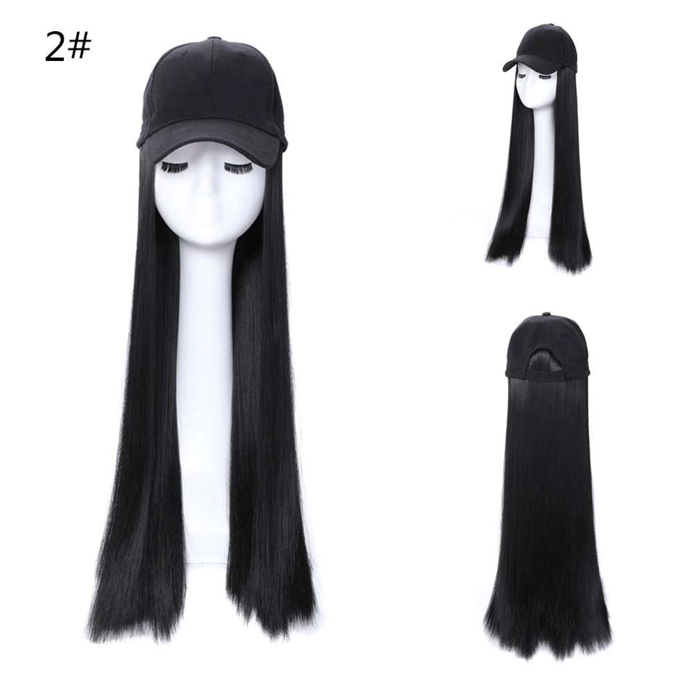 Sentetik beyzbol şapkası Saç Peruk Doğal Siyah / Kahverengi Uzun Düz Peruk Doğal Bağlantı Sentetik Şapka Peruk Ayarlanabilir Kız İçin - 2