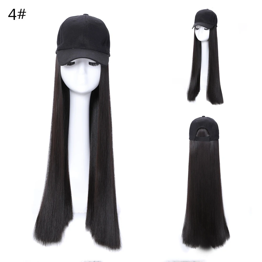 Sentetik beyzbol şapkası Saç Peruk Doğal Siyah / Kahverengi Uzun Düz Peruk Doğal Bağlantı Sentetik Şapka Peruk Ayarlanabilir Kız İçin - 3