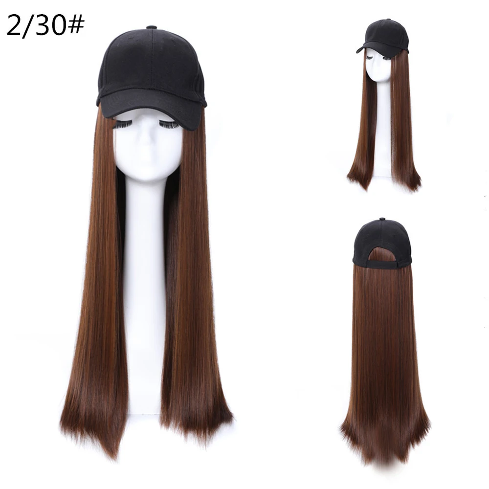 Sentetik beyzbol şapkası Saç Peruk Doğal Siyah / Kahverengi Uzun Düz Peruk Doğal Bağlantı Sentetik Şapka Peruk Ayarlanabilir Kız İçin - 4
