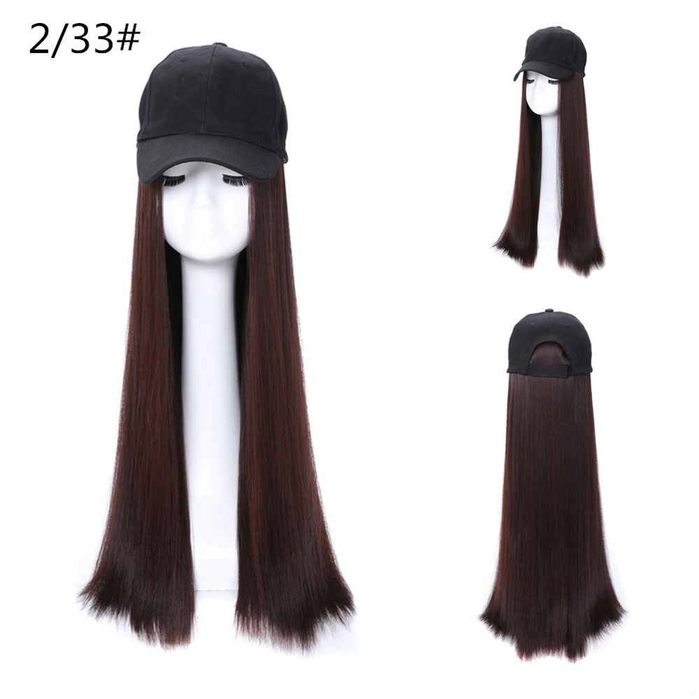 Sentetik beyzbol şapkası Saç Peruk Doğal Siyah / Kahverengi Uzun Düz Peruk Doğal Bağlantı Sentetik Şapka Peruk Ayarlanabilir Kız İçin - 5