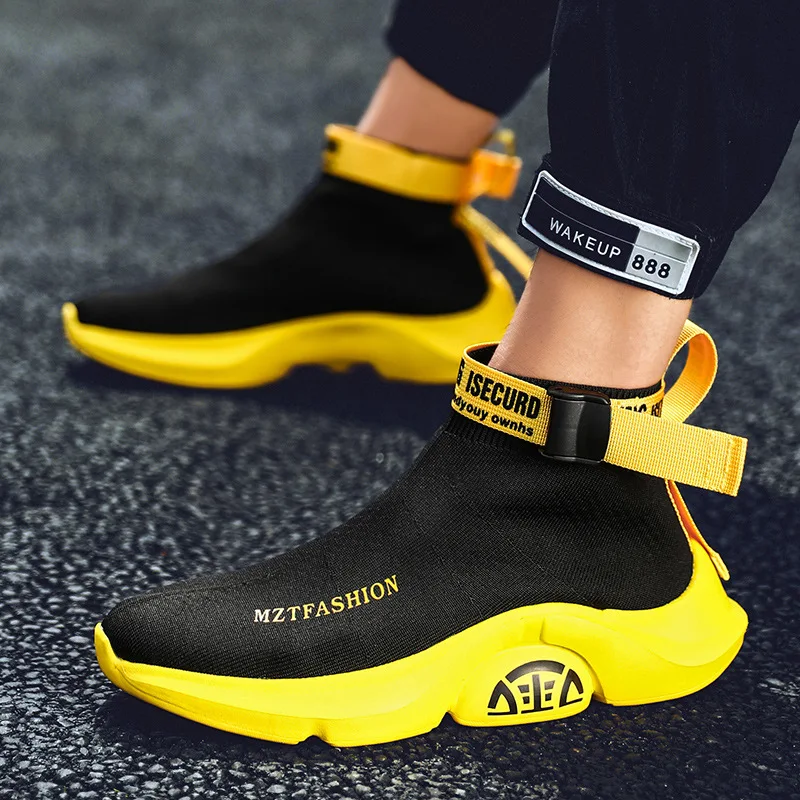 Bahar Tasarım Örgü Sarı Çorap Ayakkabı Erkek Hafif Nefes erkek koşu ayakkabıları Slip-on Mektup Platformu Sneakers Erkekler - 1