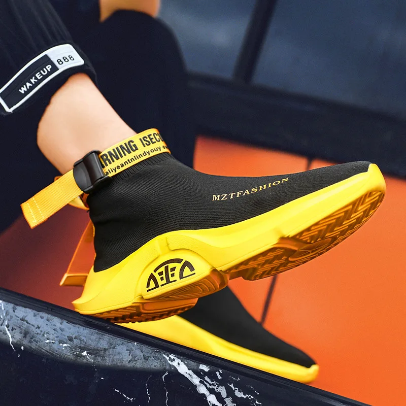Bahar Tasarım Örgü Sarı Çorap Ayakkabı Erkek Hafif Nefes erkek koşu ayakkabıları Slip-on Mektup Platformu Sneakers Erkekler - 2