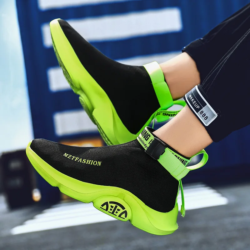 Bahar Tasarım Örgü Sarı Çorap Ayakkabı Erkek Hafif Nefes erkek koşu ayakkabıları Slip-on Mektup Platformu Sneakers Erkekler - 4
