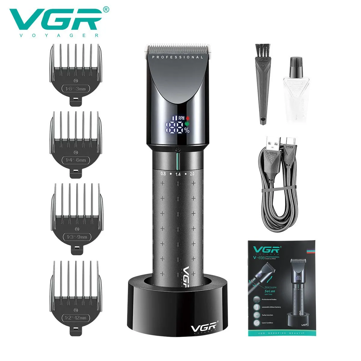 VGR pet saç düzeltici V698 USB şarj edilebilir saç kesme makinesi güçlü berber yağ kafa kesme beyazlatma gravür saç oyma LCD - 2