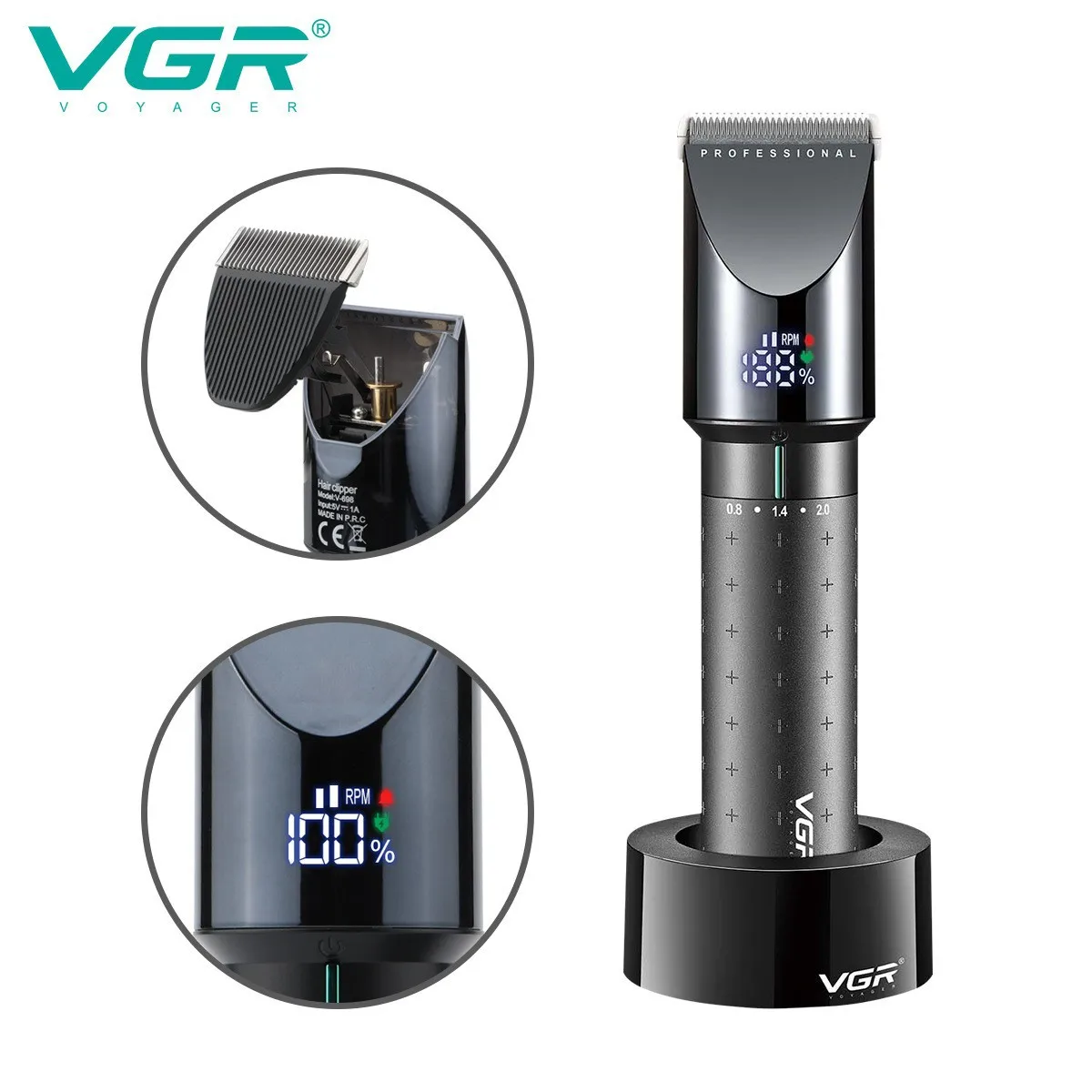 VGR pet saç düzeltici V698 USB şarj edilebilir saç kesme makinesi güçlü berber yağ kafa kesme beyazlatma gravür saç oyma LCD - 4
