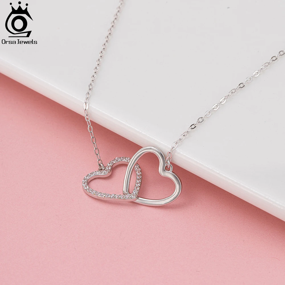 ORSA JEWELS 925 Ayar Gümüş Çift Aşk Kalp Kolye Moda CZ Kolye Kadınlar için Yıldönümü doğum günü hediyesi Takı SN340 - 2